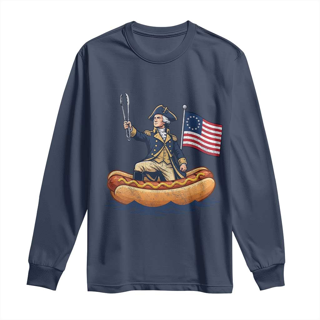 George Washington Crossing The Delaware on Hot Dog Boat Long Sleeve Shirt Funny BBQ Party 4th of July Graphic
