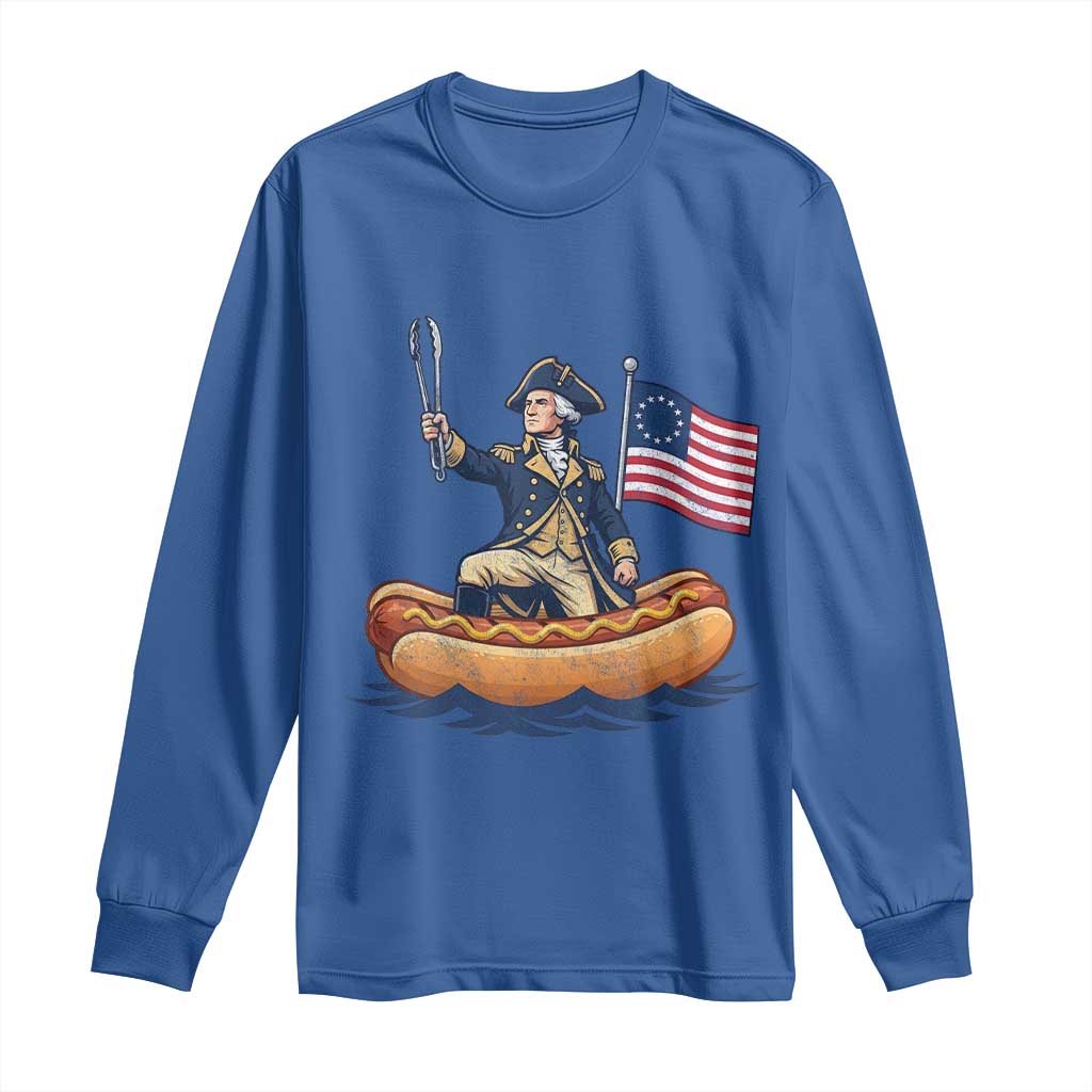 George Washington Crossing The Delaware on Hot Dog Boat Long Sleeve Shirt Funny BBQ Party 4th of July Graphic