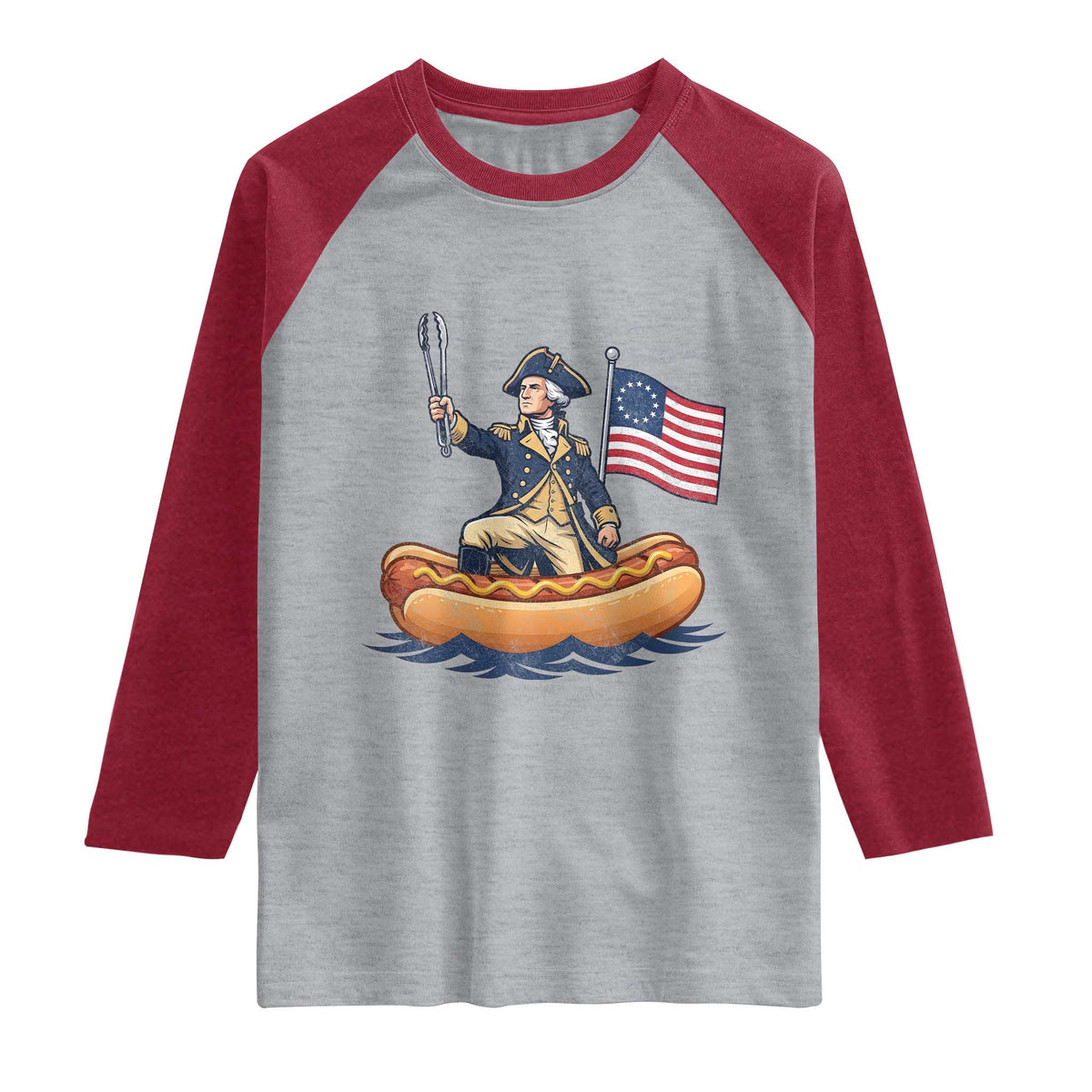 George Washington Crossing The Delaware on Hot Dog Boat Raglan Shirt Funny BBQ Party 4th of July Graphic