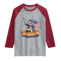 George Washington Crossing The Delaware on Hot Dog Boat Raglan Shirt Funny BBQ Party 4th of July Graphic
