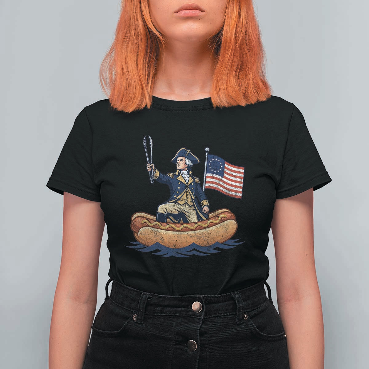 George Washington Crossing The Delaware on Hot Dog Boat T Shirt For Women Funny BBQ Party 4th of July Graphic