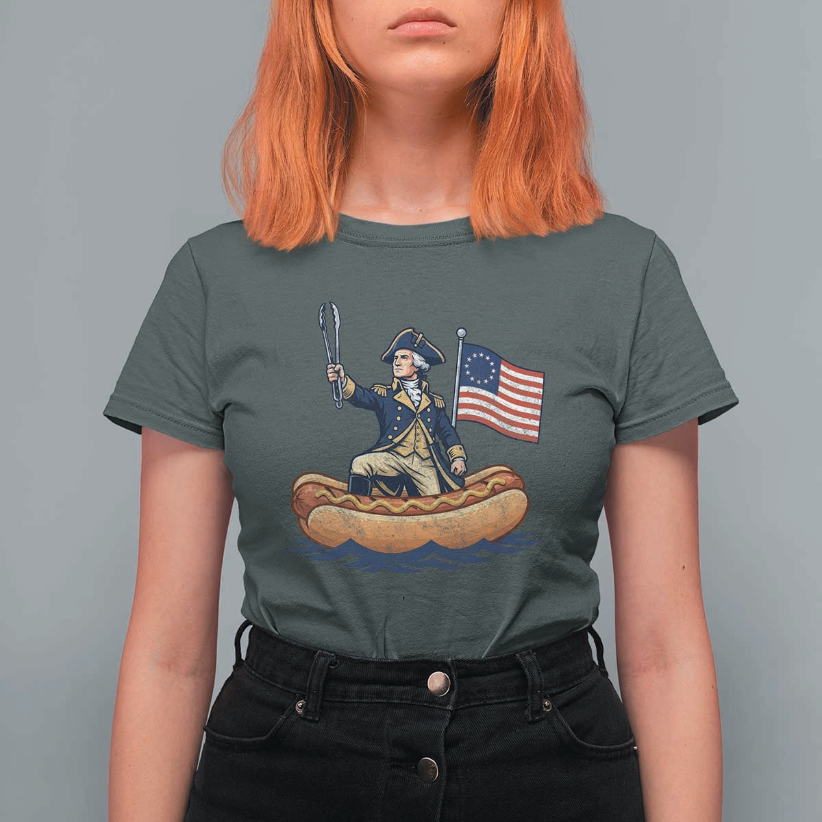 George Washington Crossing The Delaware on Hot Dog Boat T Shirt For Women Funny BBQ Party 4th of July Graphic