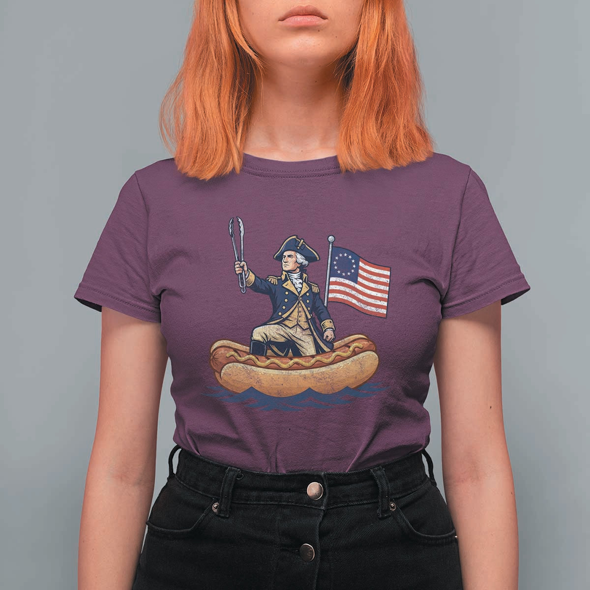 George Washington Crossing The Delaware on Hot Dog Boat T Shirt For Women Funny BBQ Party 4th of July Graphic