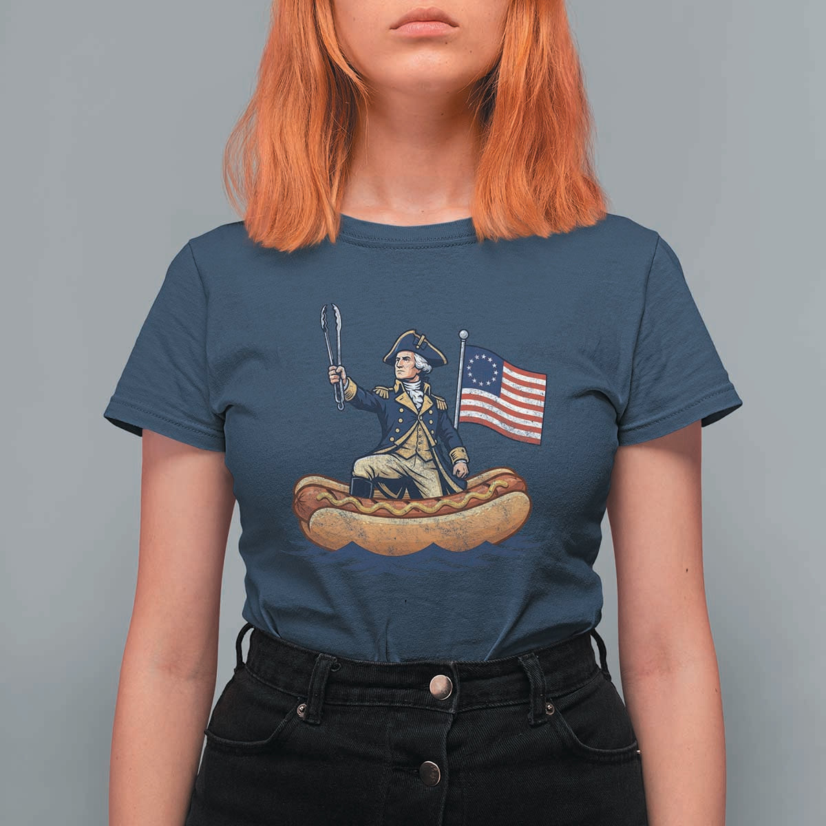 George Washington Crossing The Delaware on Hot Dog Boat T Shirt For Women Funny BBQ Party 4th of July Graphic