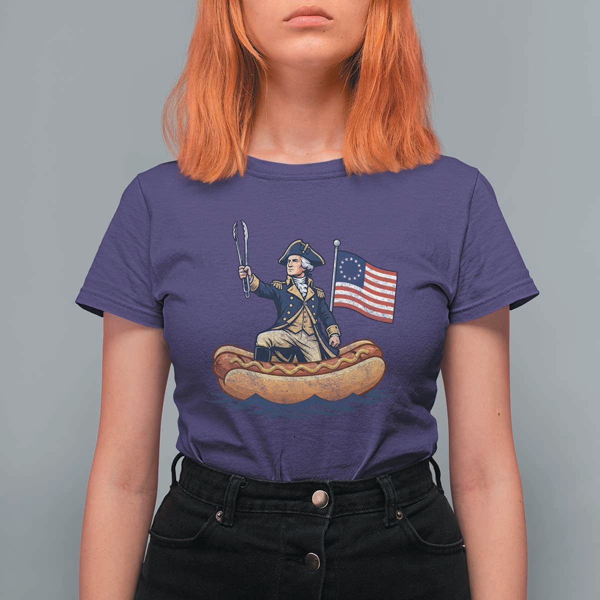 George Washington Crossing The Delaware on Hot Dog Boat T Shirt For Women Funny BBQ Party 4th of July Graphic