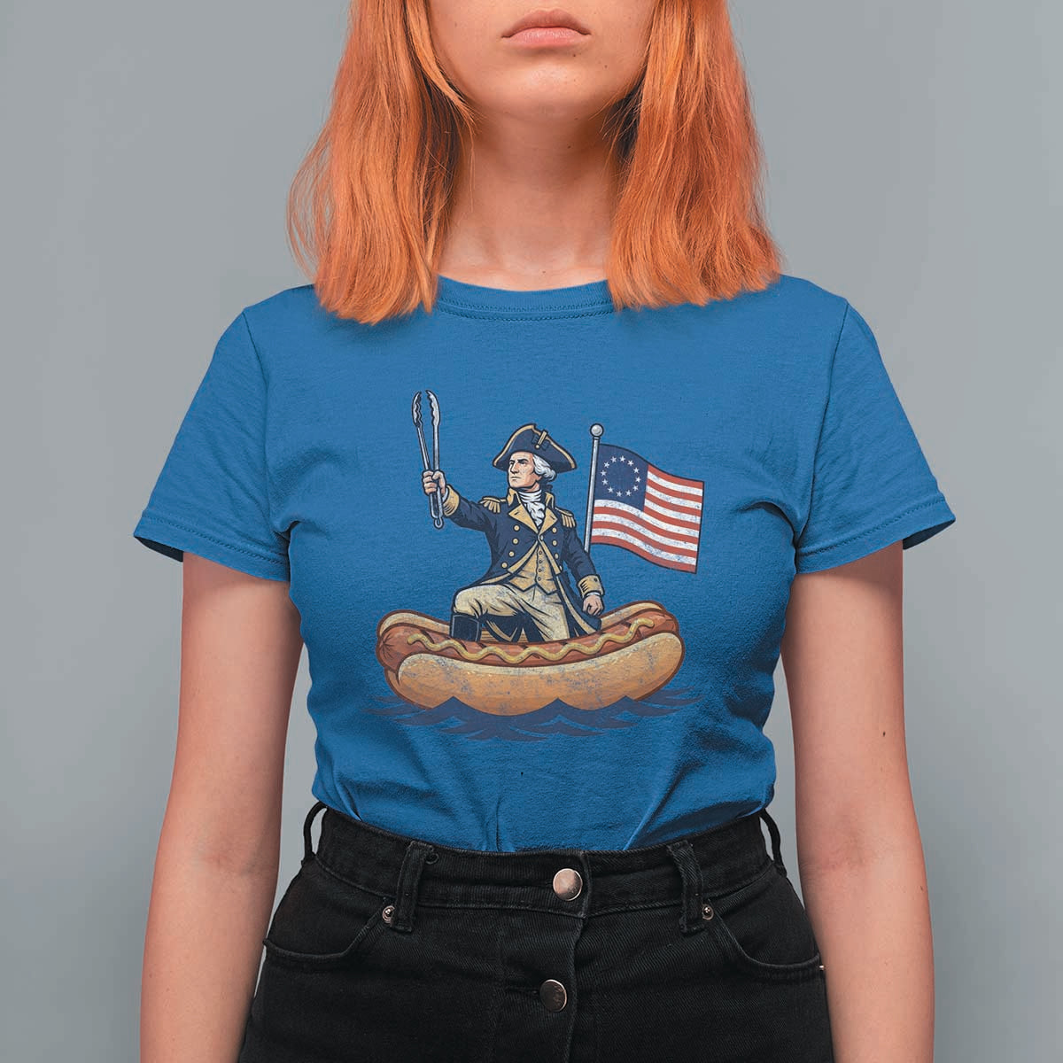 George Washington Crossing The Delaware on Hot Dog Boat T Shirt For Women Funny BBQ Party 4th of July Graphic