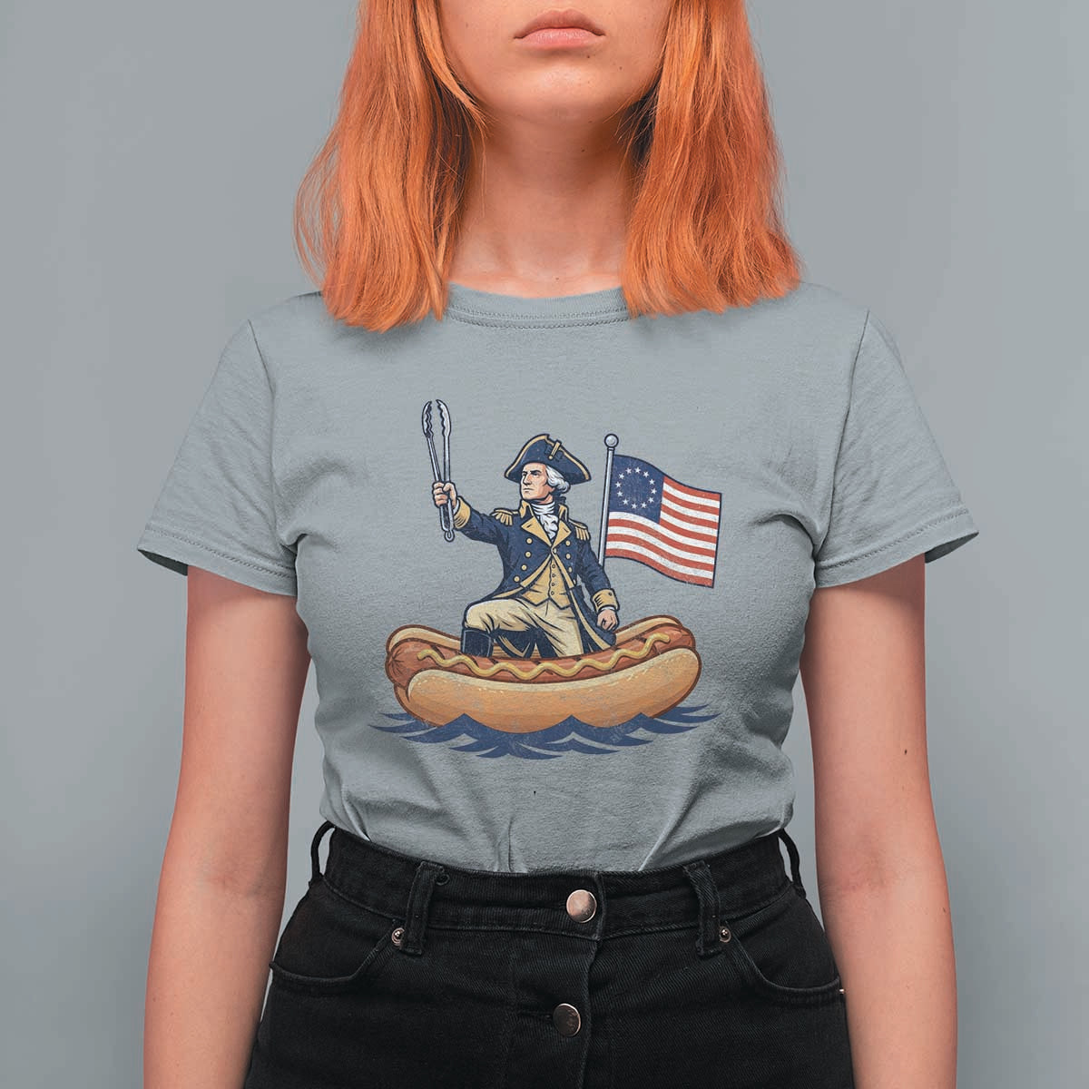 George Washington Crossing The Delaware on Hot Dog Boat T Shirt For Women Funny BBQ Party 4th of July Graphic