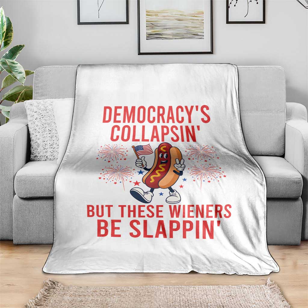 Funny Patriotic Hotdog Cartoon 4th of July Fireworks Throw Blanket Democracys Collapsin But These Wieners Be Slappin