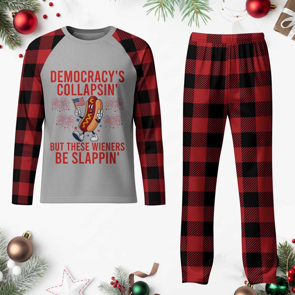 Funny Patriotic Hotdog Cartoon 4th of July Fireworks Plaid Pajama Set Democracys Collapsin But These Wieners Be Slappin