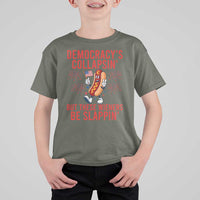 Funny Patriotic Hotdog Cartoon 4th of July Fireworks T Shirt For Kid Democracys Collapsin But These Wieners Be Slappin