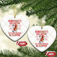 Funny Patriotic Hotdog Cartoon 4th of July Fireworks Ceramic Ornament Democracys Collapsin But These Wieners Be Slappin