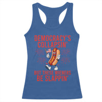 Funny Patriotic Hotdog Cartoon 4th of July Fireworks Racerback Tank Top Democracys Collapsin But These Wieners Be Slappin