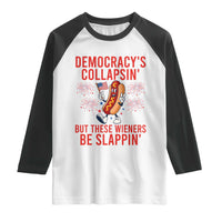 Funny Patriotic Hotdog Cartoon 4th of July Fireworks Raglan Shirt Democracys Collapsin But These Wieners Be Slappin