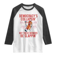 Funny Patriotic Hotdog Cartoon 4th of July Fireworks Raglan Shirt Democracys Collapsin But These Wieners Be Slappin