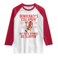 Funny Patriotic Hotdog Cartoon 4th of July Fireworks Raglan Shirt Democracys Collapsin But These Wieners Be Slappin
