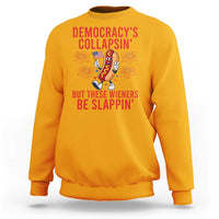 Funny Patriotic Hotdog Cartoon 4th of July Fireworks Sweatshirt Democracys Collapsin But These Wieners Be Slappin