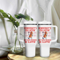 Funny Patriotic Hotdog Cartoon 4th of July Fireworks Tumbler With Handle Democracys Collapsin But These Wieners Be Slappin