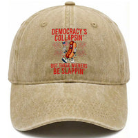 Funny Patriotic Hotdog Cartoon 4th of July Fireworks Washed Cotton Baseball Cap Democracys Collapsin But These Wieners Be Slappin