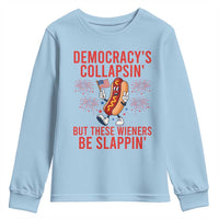 Funny Patriotic Hotdog Cartoon 4th of July Fireworks Youth Sweatshirt Democracys Collapsin But These Wieners Be Slappin