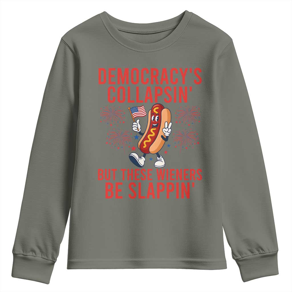 Funny Patriotic Hotdog Cartoon 4th of July Fireworks Youth Sweatshirt Democracys Collapsin But These Wieners Be Slappin