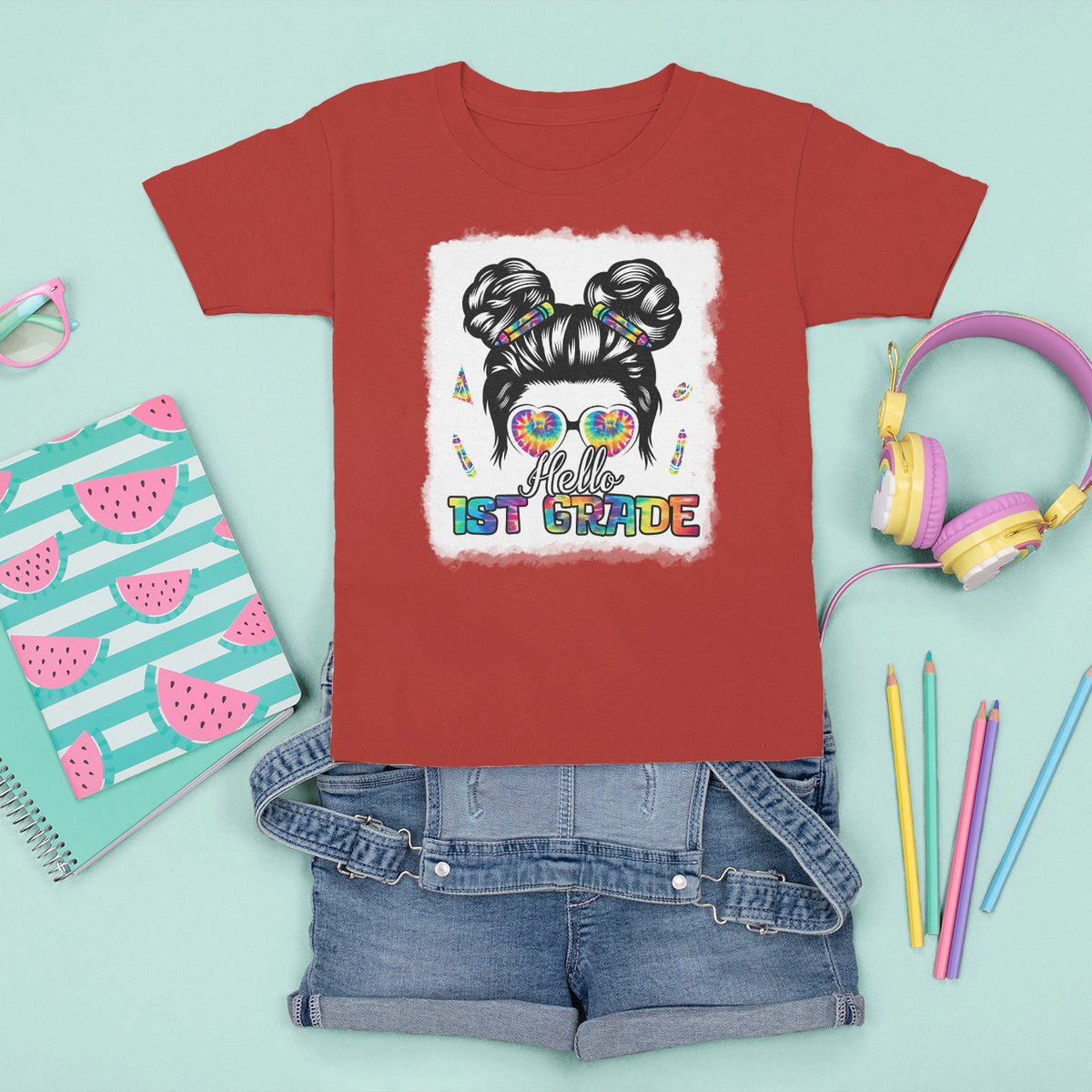 Hello 1st Grade T Shirt For Kid Cute Messy Bun Girls Back To School Tie Dye Bleached - Wonder Print Shop