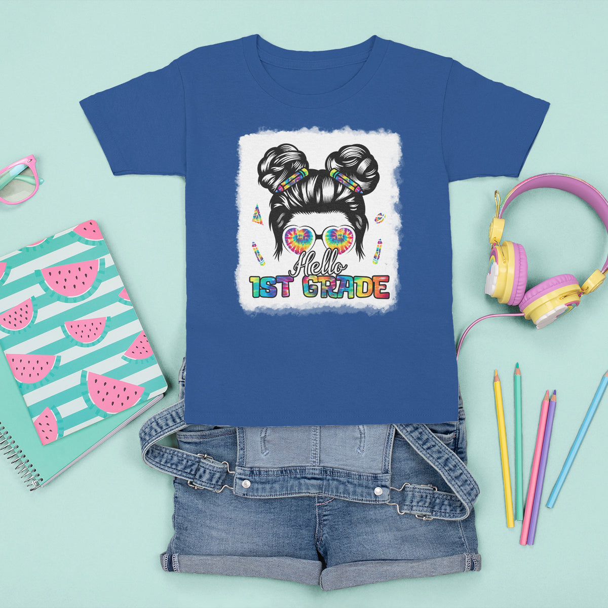 Hello 1st Grade T Shirt For Kid Cute Messy Bun Girls Back To School Tie Dye Bleached - Wonder Print Shop