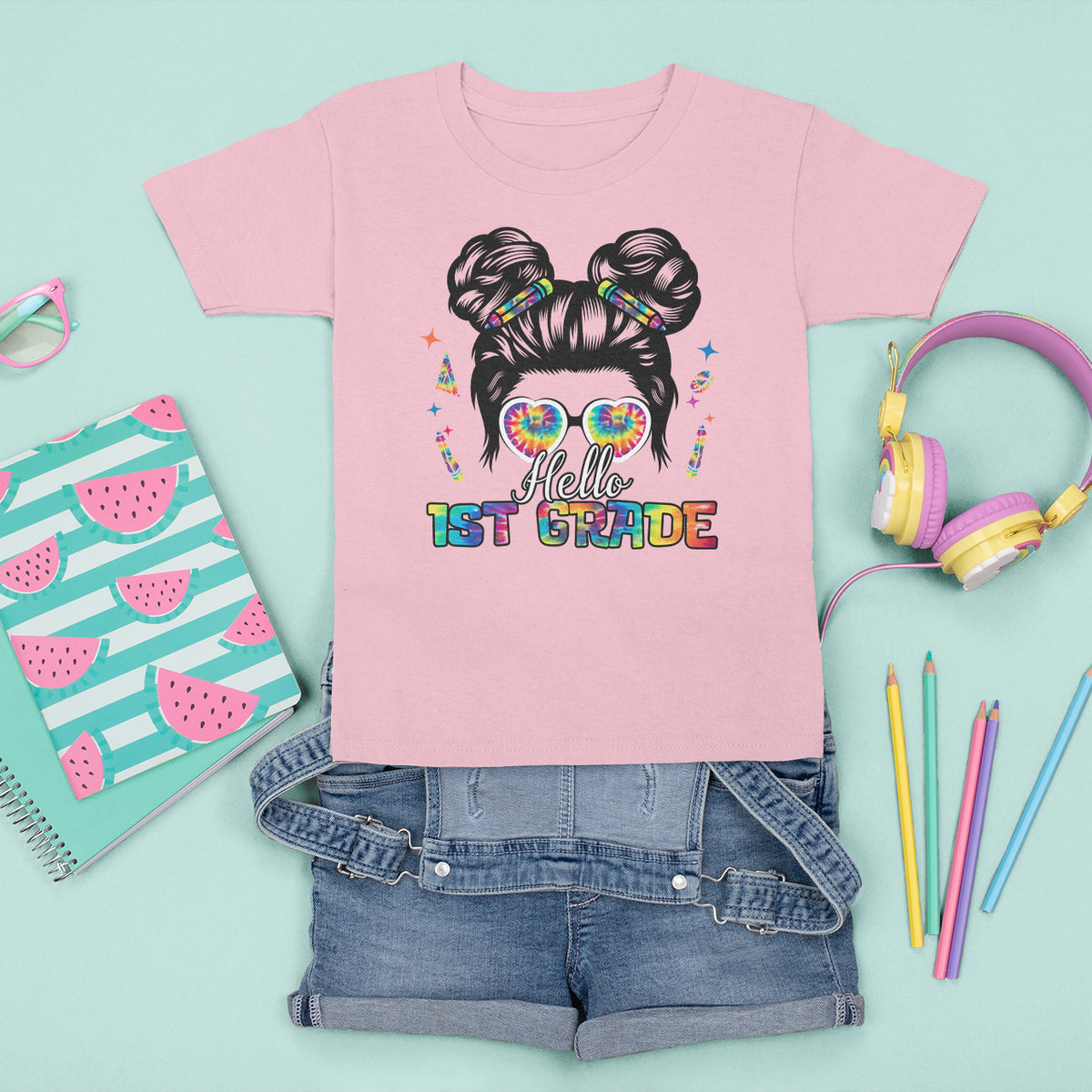Hello 1st Grade T Shirt For Kid Cute Messy Bun Girls Back To School Tie Dye - Wonder Print Shop