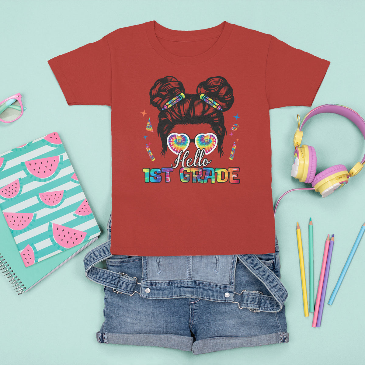 Hello 1st Grade T Shirt For Kid Cute Messy Bun Girls Back To School Tie Dye - Wonder Print Shop