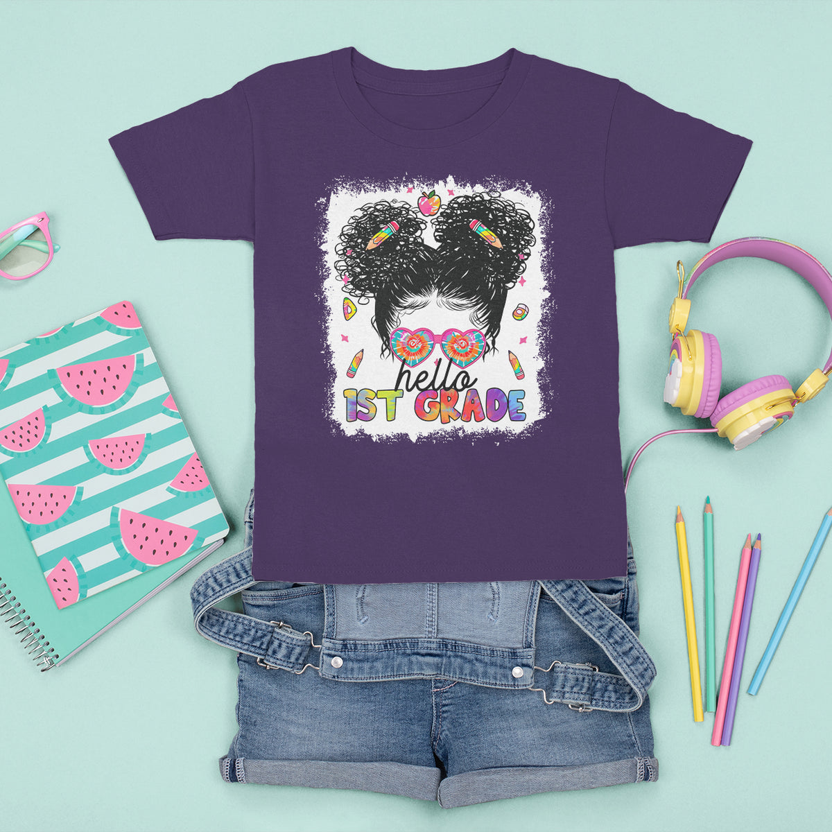 Hello 1st Grade T Shirt For Kid Cute Messy Bun Girls Tie Dye Back To School - Wonder Print Shop
