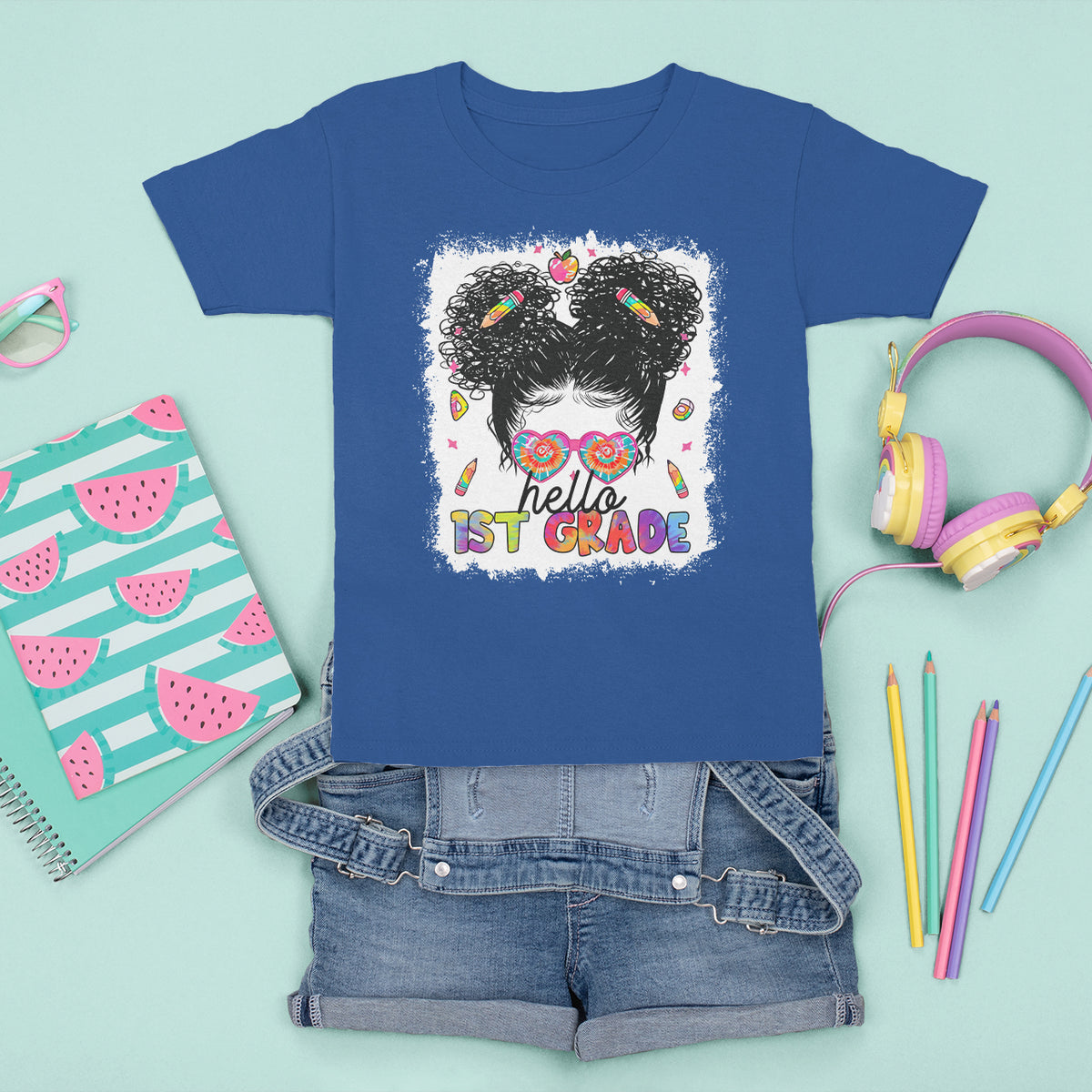 Hello 1st Grade T Shirt For Kid Cute Messy Bun Girls Tie Dye Back To School - Wonder Print Shop