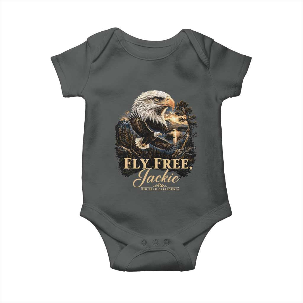 Fly Free Jackie Big Bear Bald Eagle Memorial Baby Onesie California Valley Sunset Forest Nature Graphic