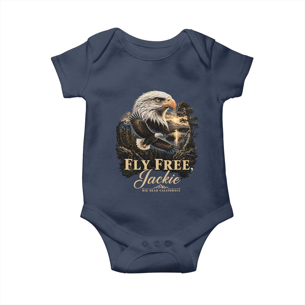 Fly Free Jackie Big Bear Bald Eagle Memorial Baby Onesie California Valley Sunset Forest Nature Graphic