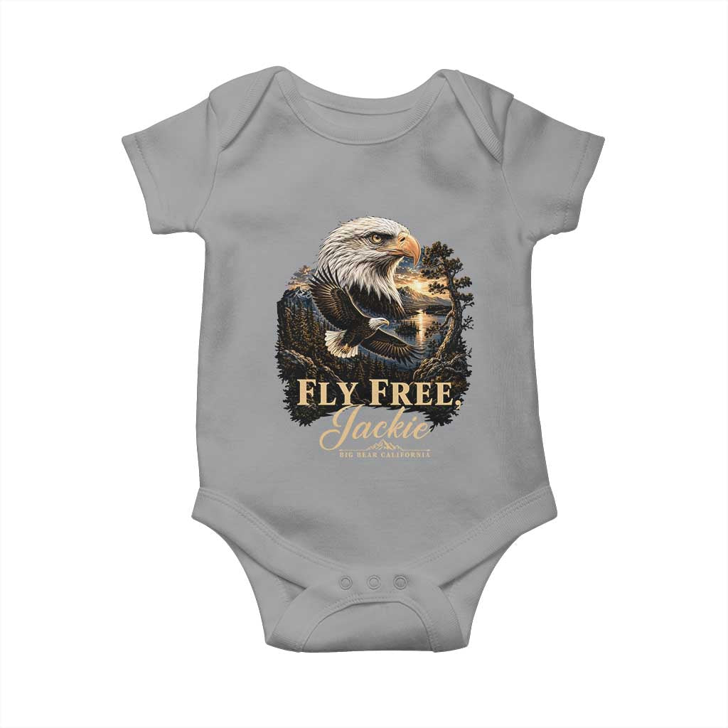 Fly Free Jackie Big Bear Bald Eagle Memorial Baby Onesie California Valley Sunset Forest Nature Graphic