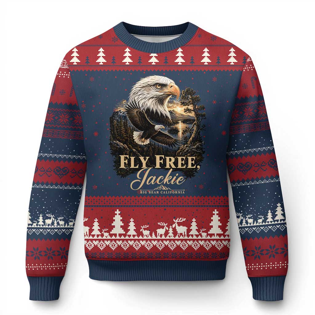 Fly Free Jackie Big Bear Bald Eagle Memorial Ugly Christmas Sweater California Valley Sunset Forest Nature Graphic