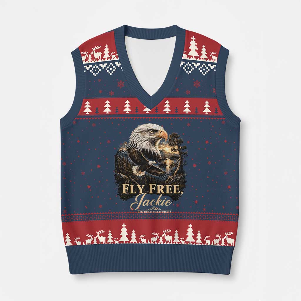 Fly Free Jackie Big Bear Bald Eagle Memorial V-Neck Knit Sweater Vest California Valley Sunset Forest Nature Graphic