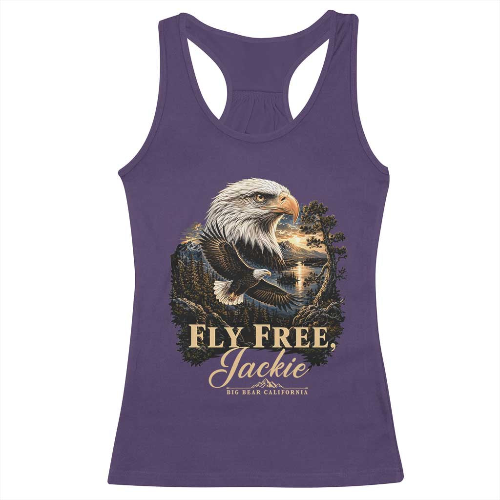 Fly Free Jackie Big Bear Bald Eagle Memorial Racerback Tank Top California Valley Sunset Forest Nature Graphic