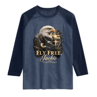 Fly Free Jackie Big Bear Bald Eagle Memorial Raglan Shirt California Valley Sunset Forest Nature Graphic