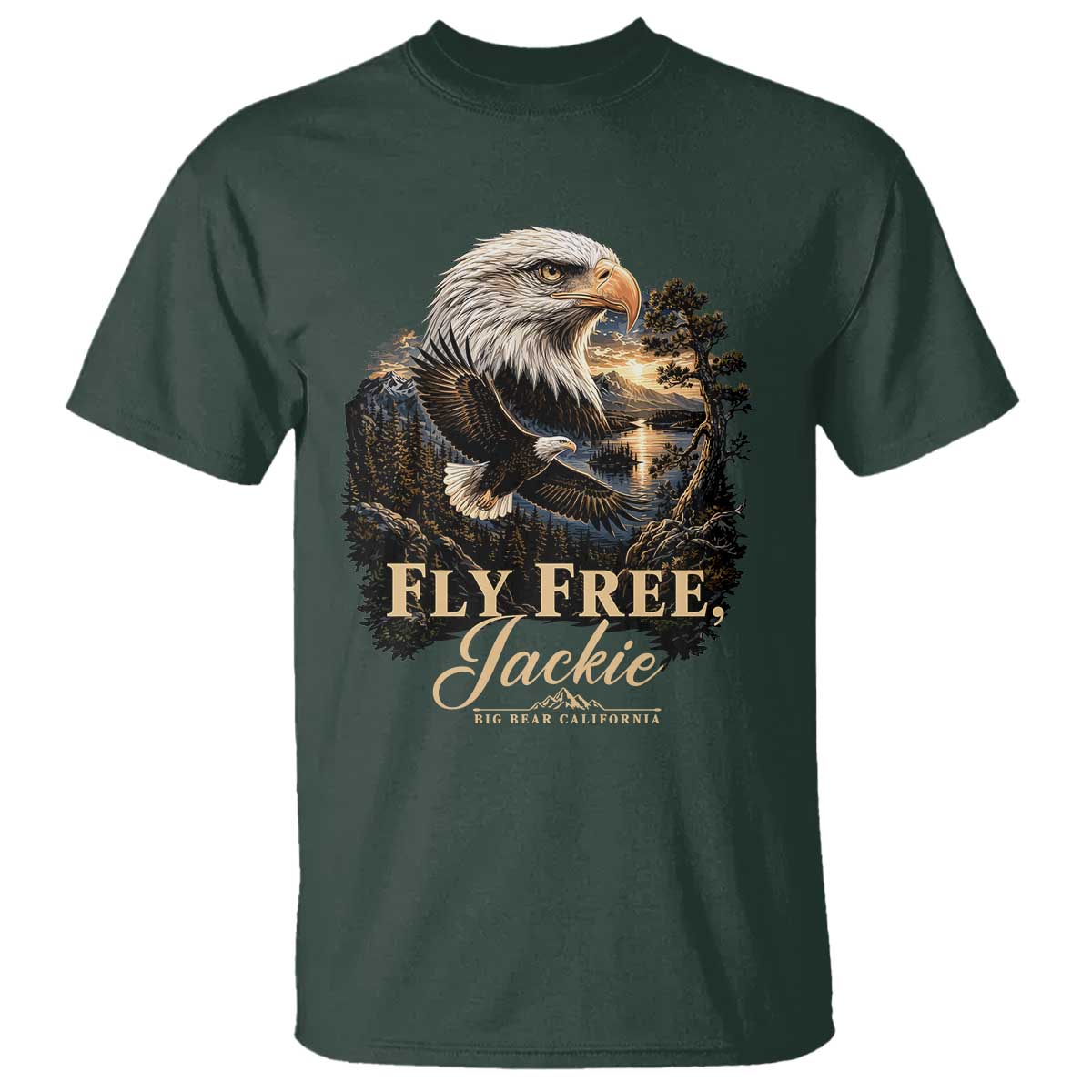 Fly Free Jackie Big Bear Bald Eagle Memorial T Shirt California Valley Sunset Forest Nature Graphic
