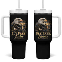 Fly Free Jackie Big Bear Bald Eagle Memorial Tumbler With Handle California Valley Sunset Forest Nature Graphic