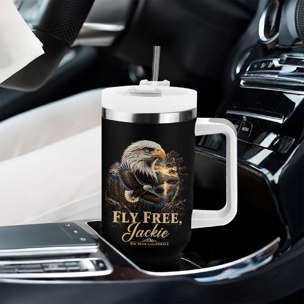 Fly Free Jackie Big Bear Bald Eagle Memorial Tumbler With Handle California Valley Sunset Forest Nature Graphic
