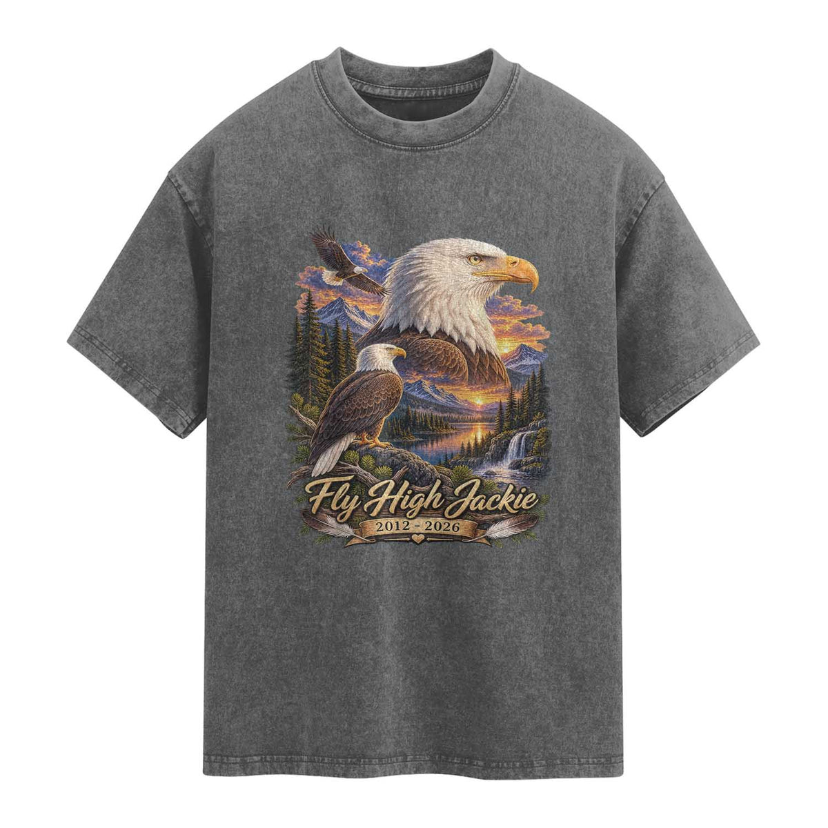 Fly High Jackie Bald Eagle Memorial Washed Cotton T-Shirt Scenic Mountain Sunset Lake Nature Graphic