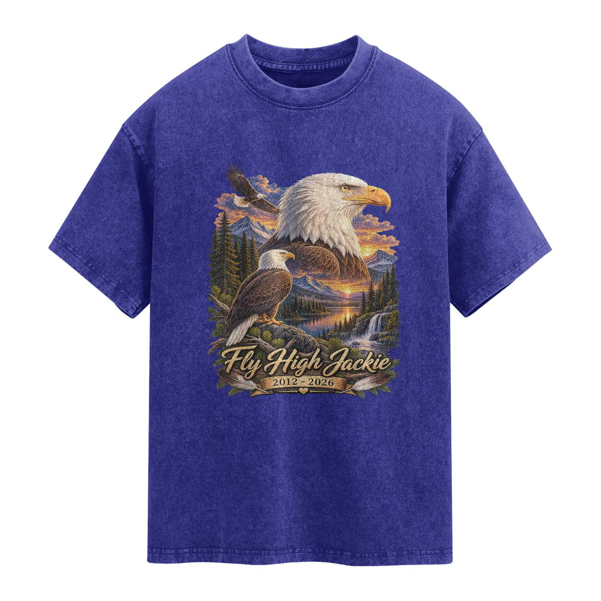 Fly High Jackie Bald Eagle Memorial Washed Cotton T-Shirt Scenic Mountain Sunset Lake Nature Graphic