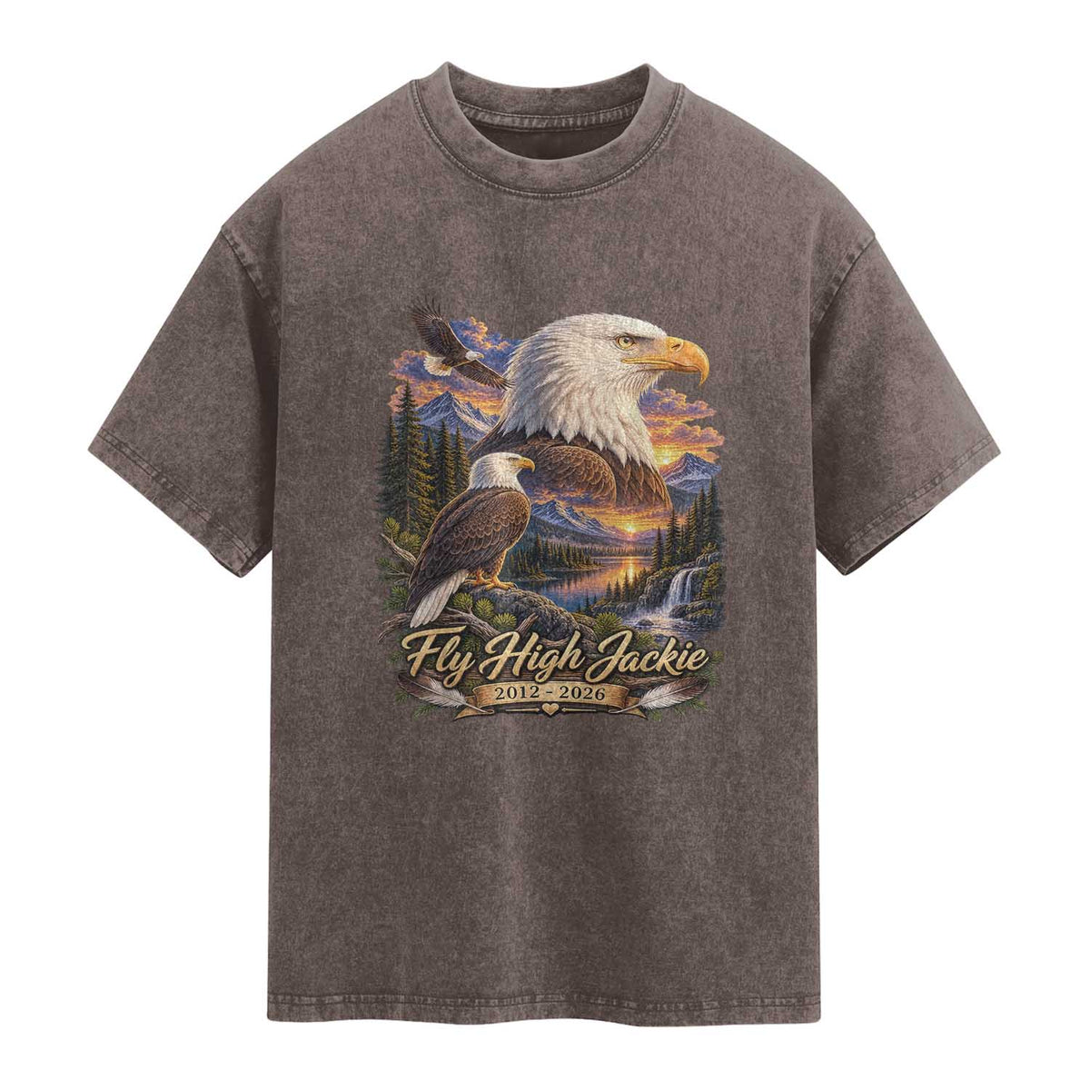 Fly High Jackie Bald Eagle Memorial Washed Cotton T-Shirt Scenic Mountain Sunset Lake Nature Graphic