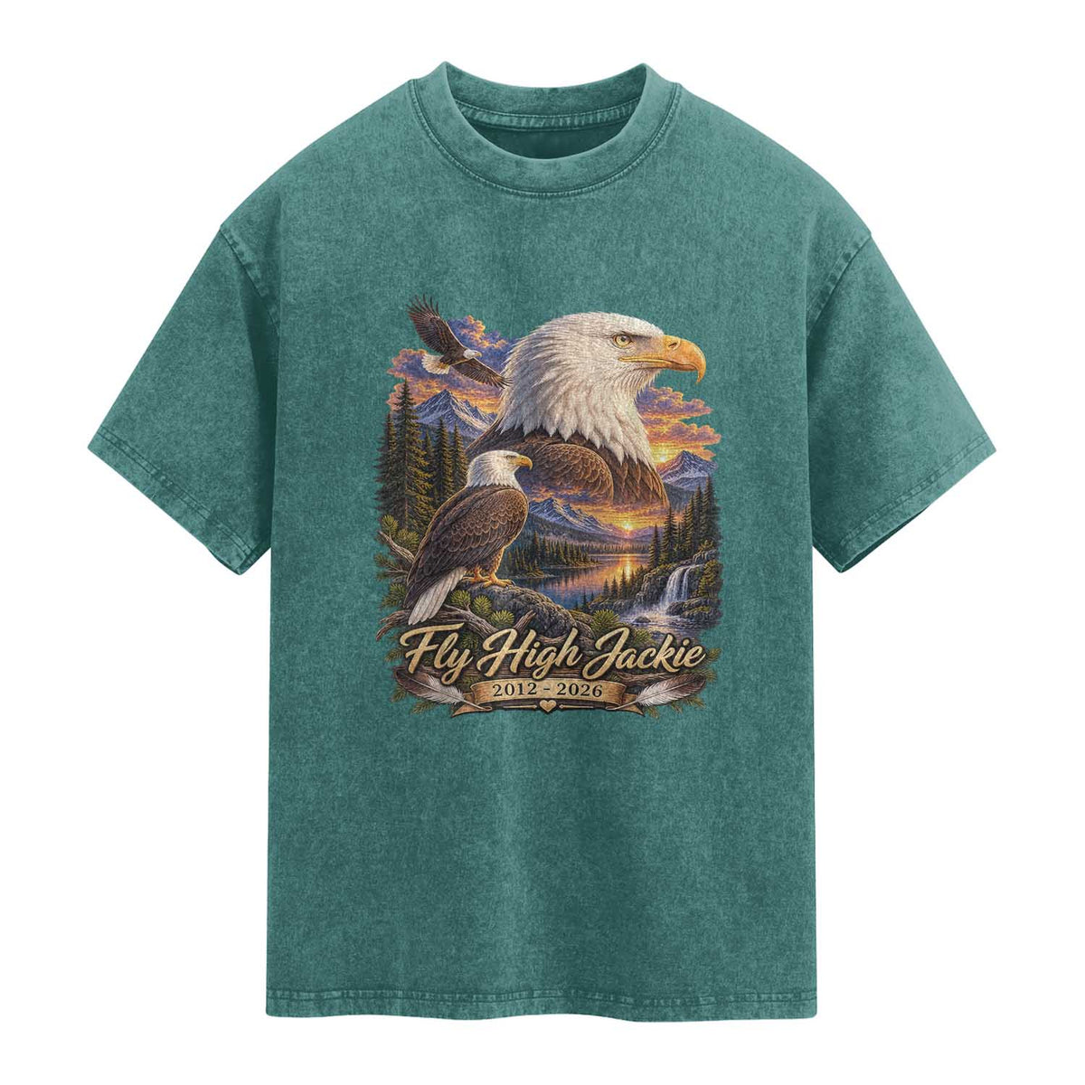 Fly High Jackie Bald Eagle Memorial Washed Cotton T-Shirt Scenic Mountain Sunset Lake Nature Graphic