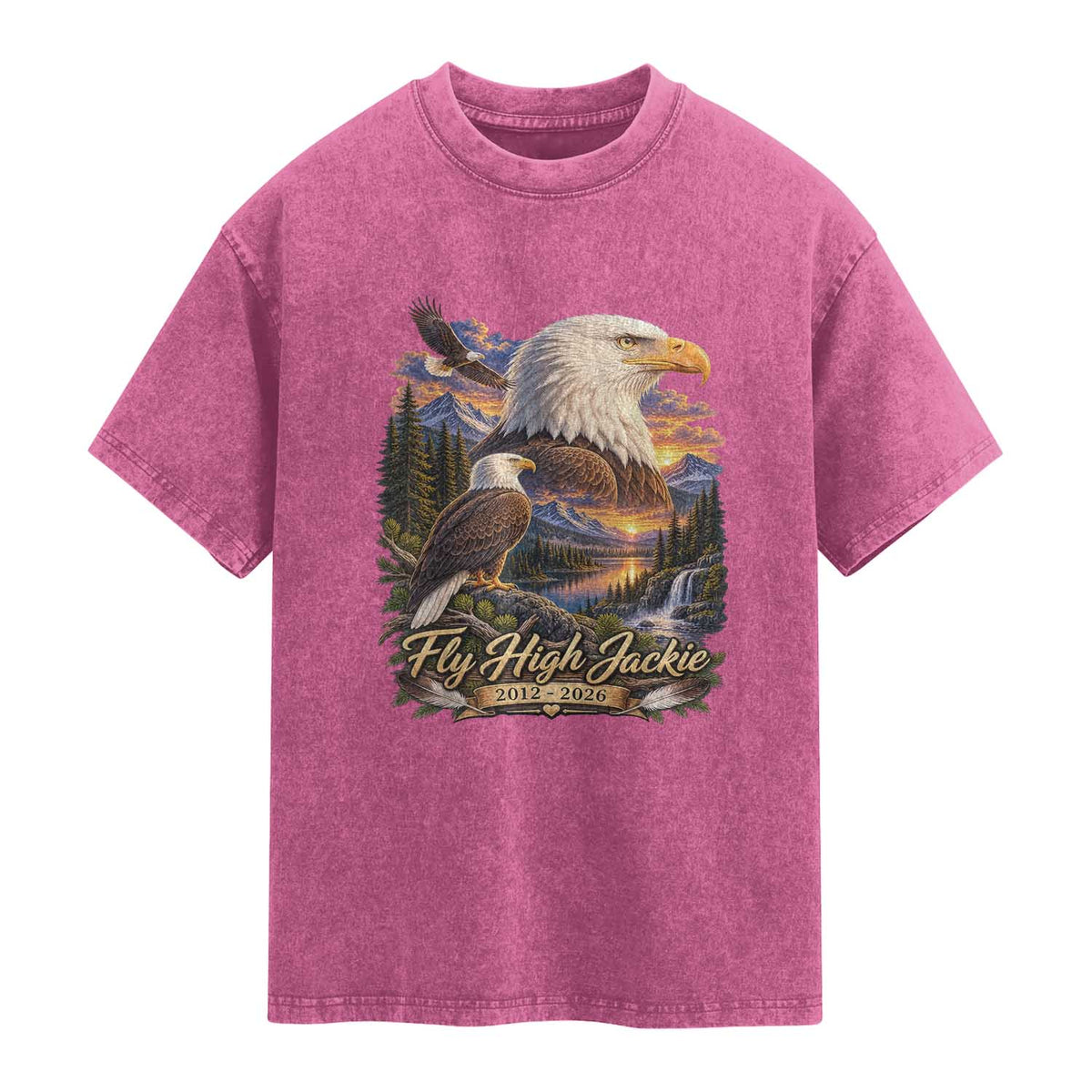 Fly High Jackie Bald Eagle Memorial Washed Cotton T-Shirt Scenic Mountain Sunset Lake Nature Graphic