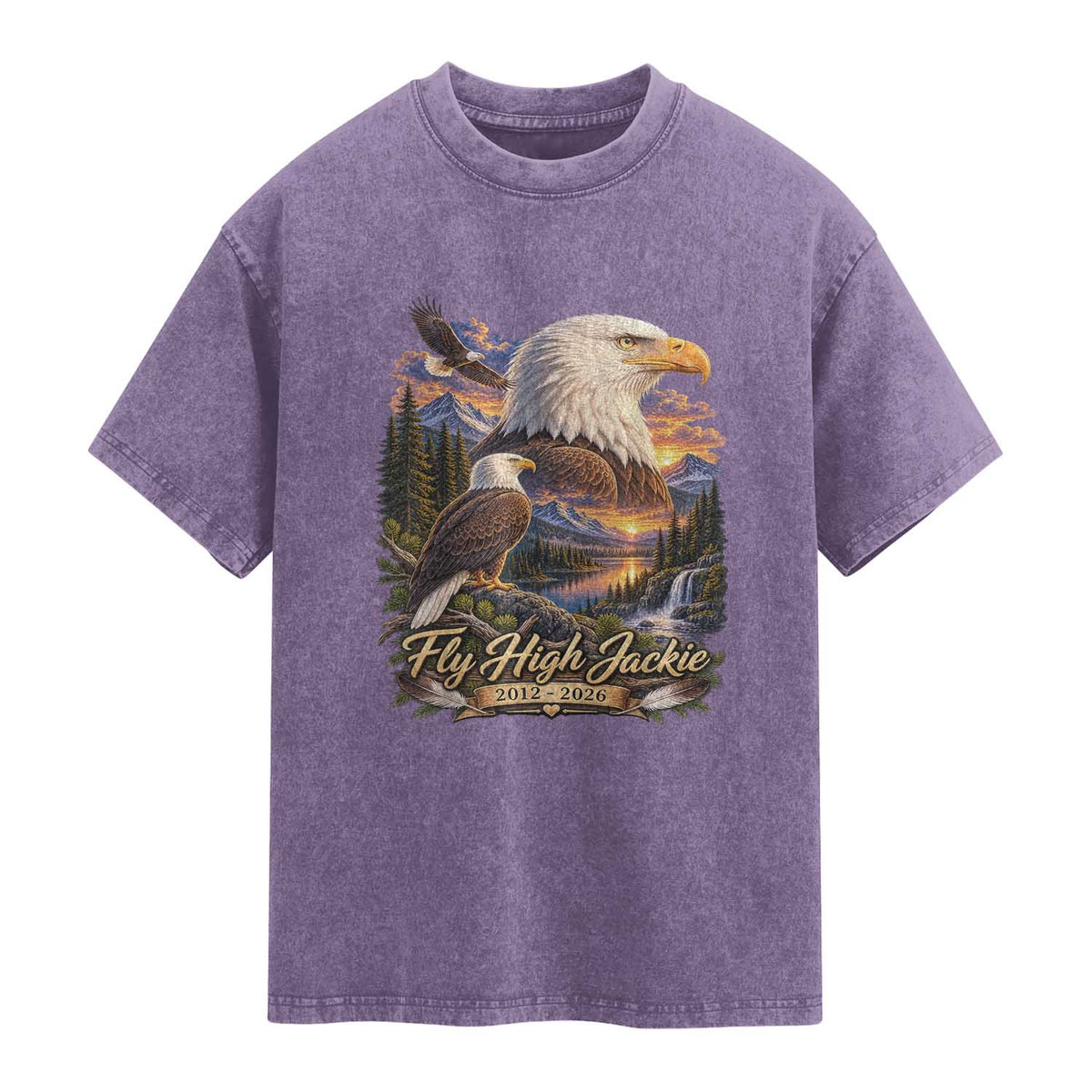 Fly High Jackie Bald Eagle Memorial Washed Cotton T-Shirt Scenic Mountain Sunset Lake Nature Graphic