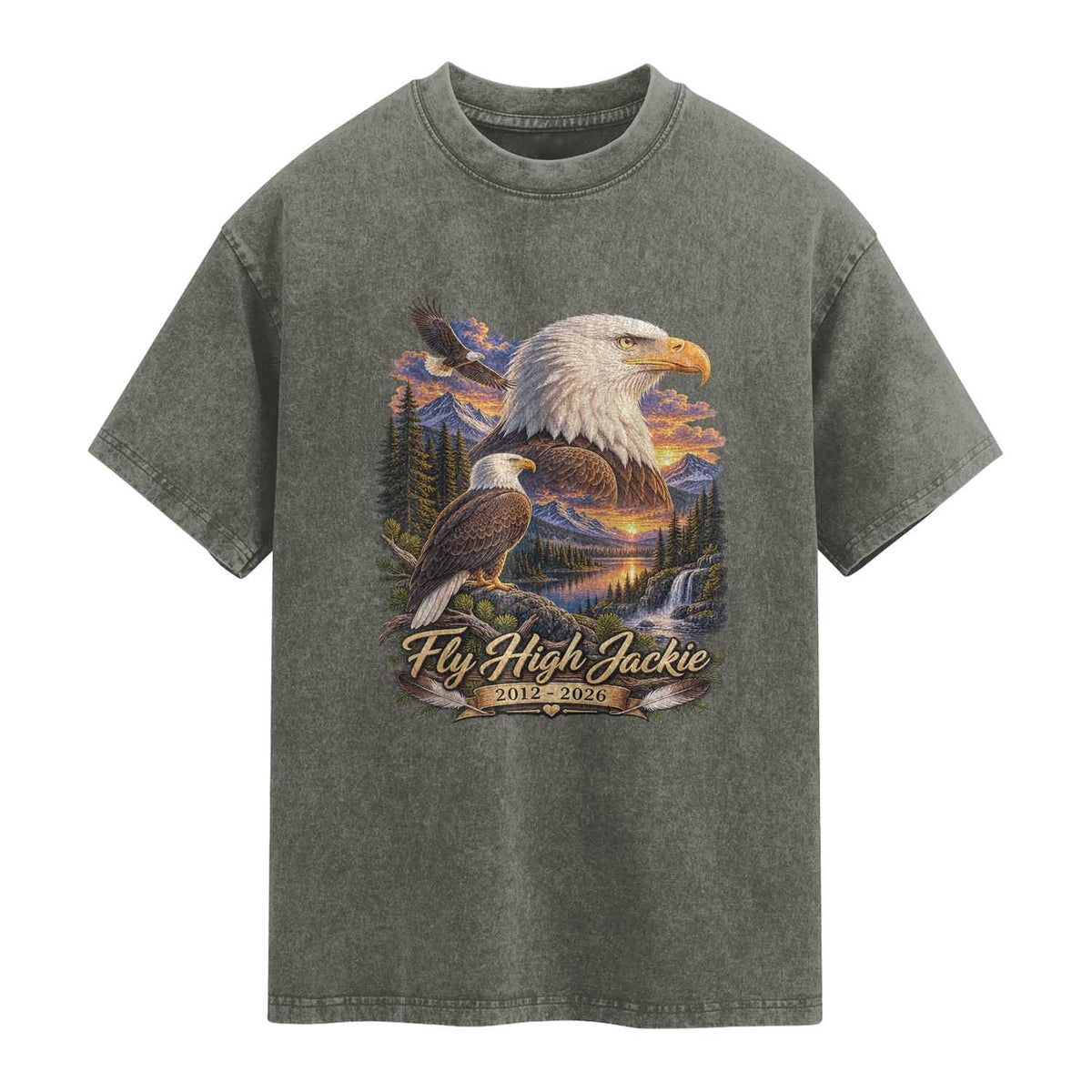 Fly High Jackie Bald Eagle Memorial Washed Cotton T-Shirt Scenic Mountain Sunset Lake Nature Graphic