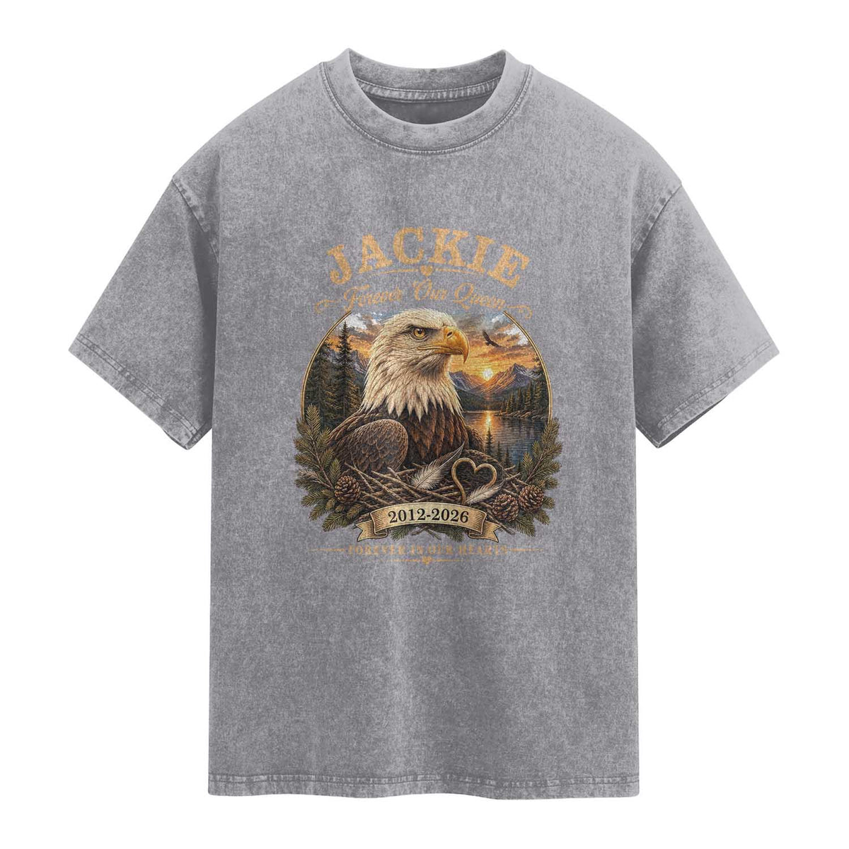Jackie Forever Our Queen Bald Eagle Memorial Washed Cotton T-Shirt Big Bear Lake Crest Tribute Graphic