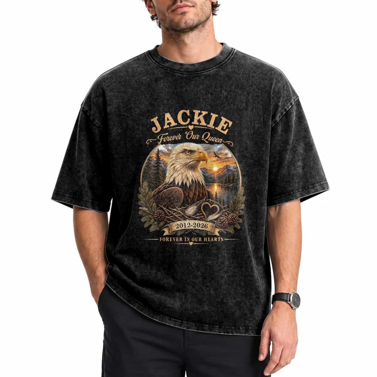 Jackie Forever Our Queen Bald Eagle Memorial Washed Cotton T-Shirt Big Bear Lake Crest Tribute Graphic