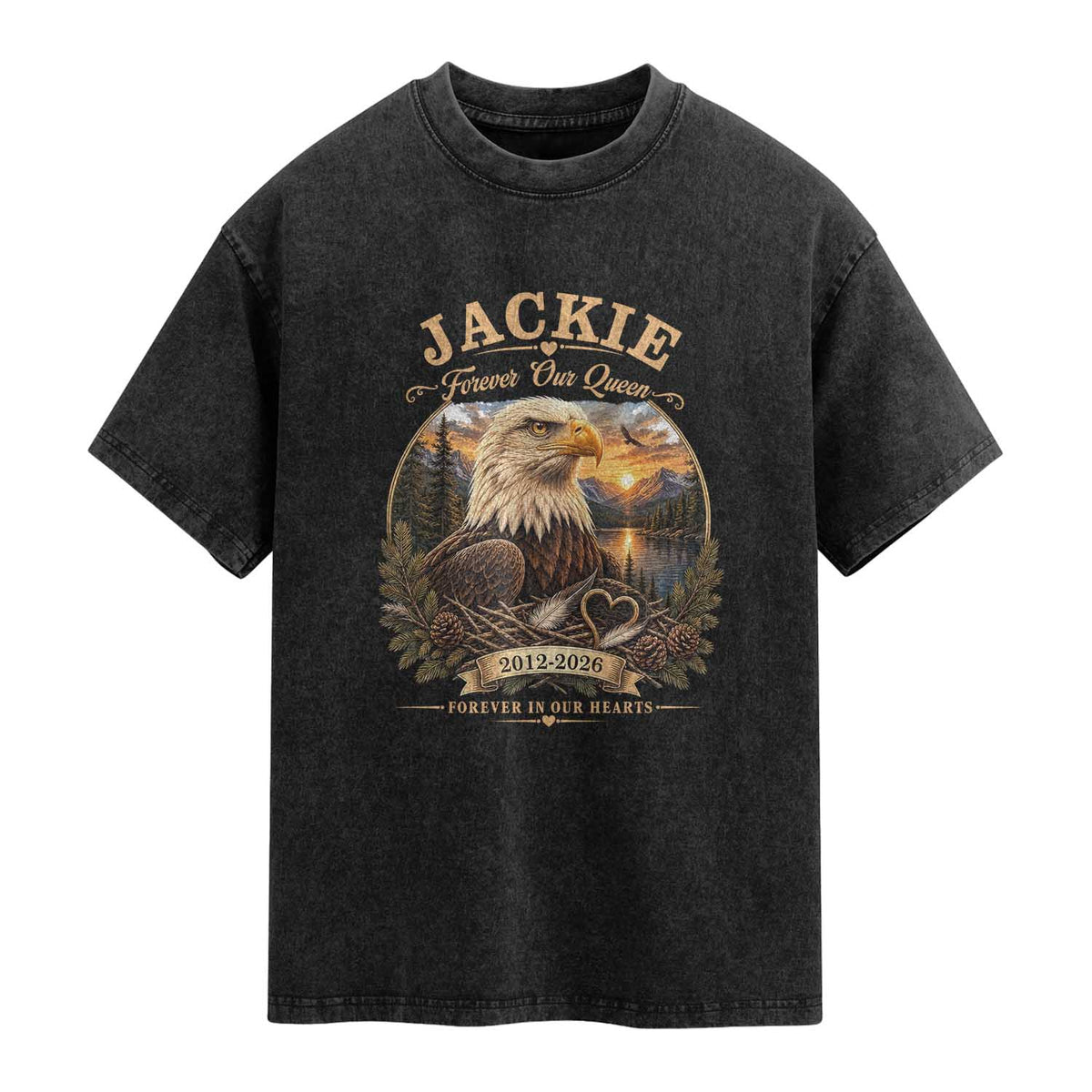 Jackie Forever Our Queen Bald Eagle Memorial Washed Cotton T-Shirt Big Bear Lake Crest Tribute Graphic